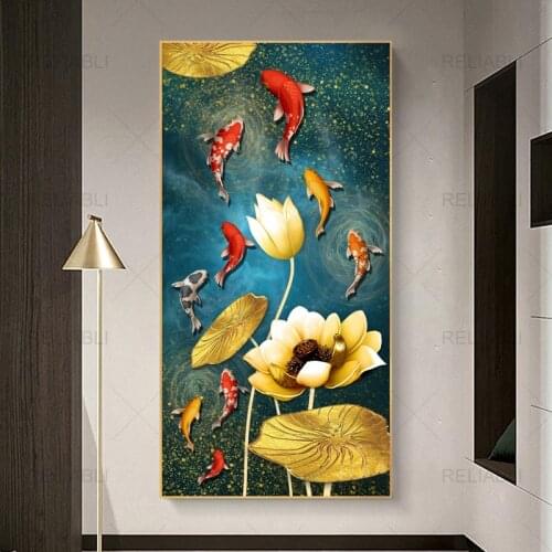Modern Golden Lotus with Koi Fish Abstract Canvas Painting Posters and Prints Wall Pictures for Gallery, Living Room Decoration