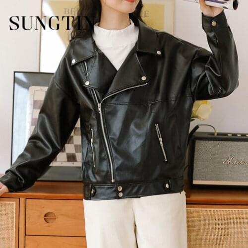Sungtin 2021 New Faux Leather Loose Jacket Women Oversized Boyfriend Style High Street PU Biker Jackets Motorcycle Cool Coat