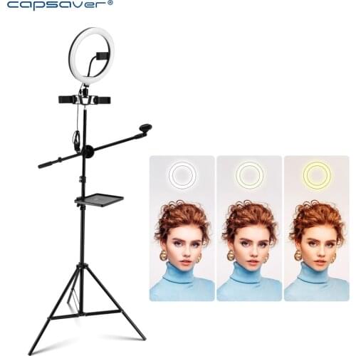 Capsaver LED Ring Light Photography Video Live Fill Light Dimmable with Tripod Phone Holder Mic Stand for Phone Selfie Makeup