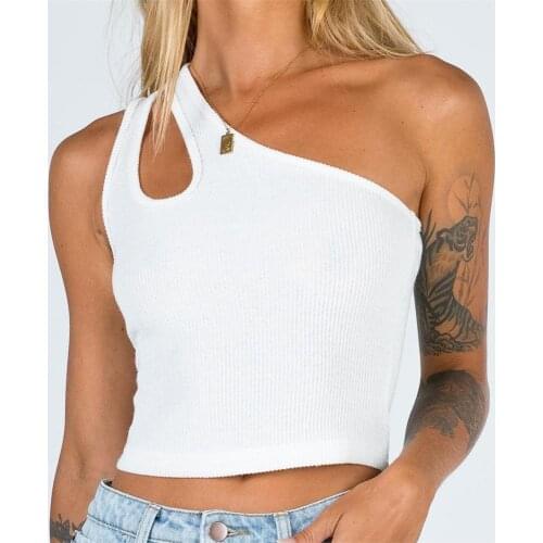 Women one shoulder sporting tank top solid color knit unique basic shirt summer Bandage Hollow Out Ribbed Crop Tops Tees
