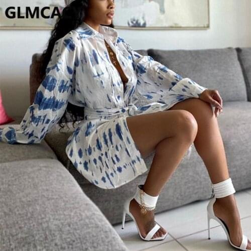 Women Long Sleeve Tie Dye Printed Shirt Dress Slim Chic Mini Dress