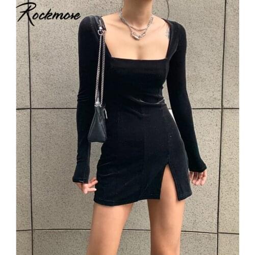 Rockmore Korean Style Vintage Mini Dress Women Split Sexy Long Sleeve Bodycon Velvet Above Knee Dresses Streetwear Party Dress