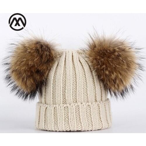 Winter new childrens double raccoon fur pompom knit hats girl outdoor warm and comfortable loose cotton slouchy beanie caps