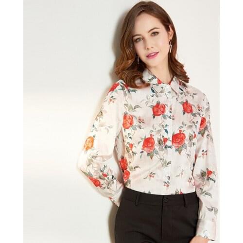 100%real silk boulses for women high quality 2020 summer white red floral office shirts long sleeve casual sexy plus size