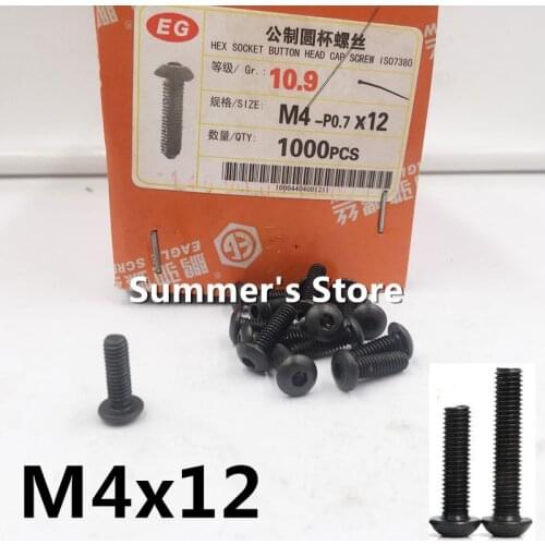 100pcs/lot ISO7380 M4 Alloy Steel Screw Hex Socket Button Head Cap Screw M4*12mm black mushroom head screw bolt Grade 10.9