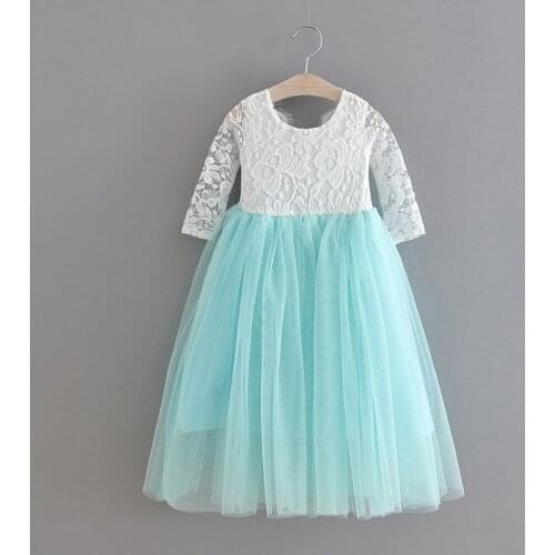 2020 Girls Long Sleeve Straight Tulle Dress for Girls for Kids Lace Solid Gauze Princess Dress for Wedding Girls