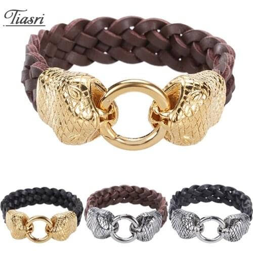 Tiasri High Quality Stainless Steel Mens Snake Clasp New Genuine Leather Bracelet For Man Punk Jewelry Friends Gift Wholesale