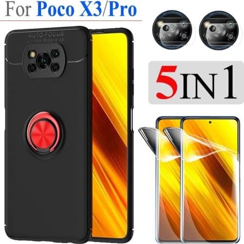 CAPOFTU Ring Phone Case on Xiaomi Poco X3 NFC Screen Protector Hydrogel Film Poco+F2+Pro Shockproof Cover Poco+X3+NFC Matte Case