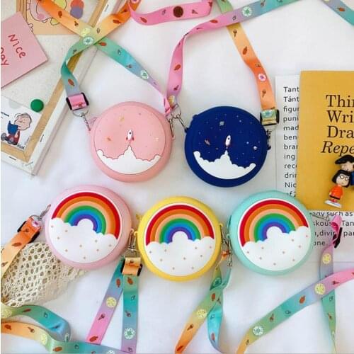 Childrens Messenger Bag Adjustable Wide Strap Travel Handbag New Kids Crossbody Bag Girl Cartoon Round Rainbow Donut Printed