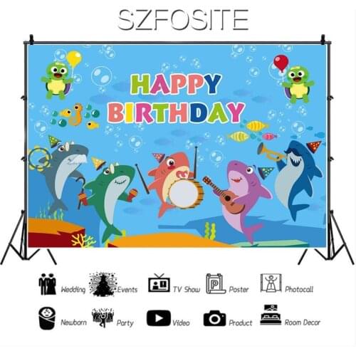 Happy Shark Turtle Undersea Animal Music Party Backdrop Babys Birthday Table Decoration Photography Photo Kids Vinyl Background