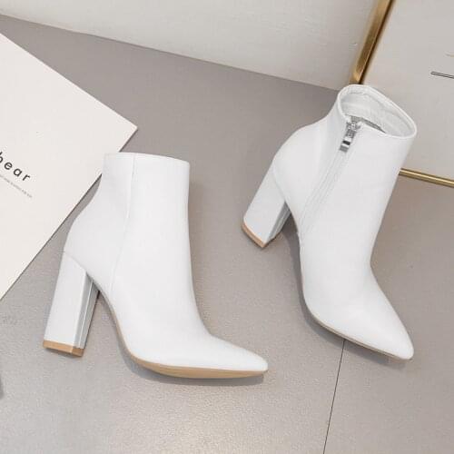 European and American foreign trade high-heeled shoes fashion pointed versatile thick heel short boots womenS Boots White