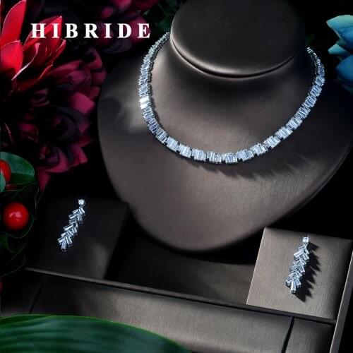 HIBRIDE Luxury brilliant cubic Clear zirconia flower and cirrus fashion style wedding bridal earring necklace jewelry set N-169