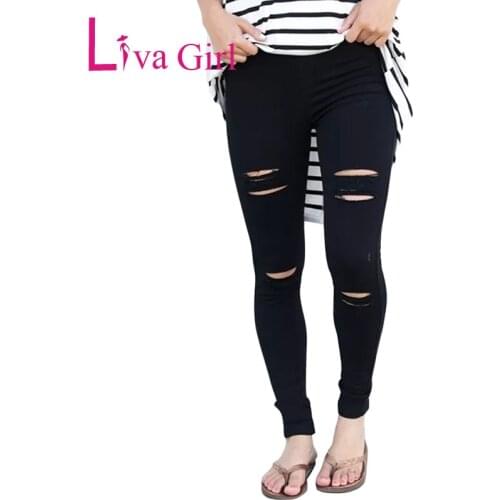 LIVA GIRL Black Stretch Holes Denim Pant Plus Size Fitness Leggings Pencil Jeans Trousers Fantasy Getting Ripped Long Pants XXL