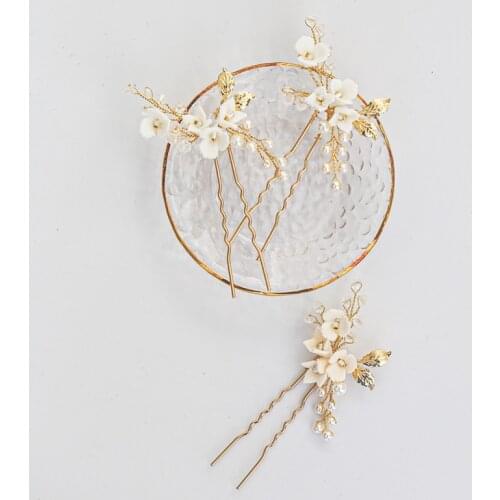 Delicate Porcelain Flower Wedding Hair Pins Pearls Jewelry Gold Leaf Bridal Headpiece Handmade Hair Accessories For Women