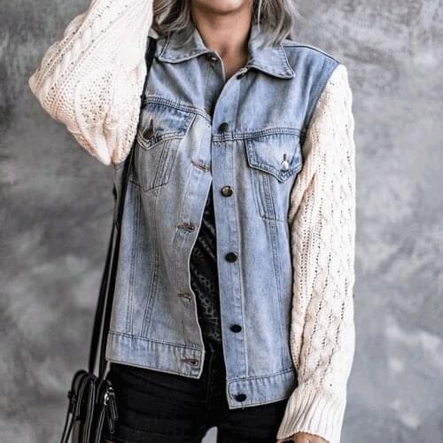 New Women Waist Closing Knitted Splicing Denim Jacket Short Coat