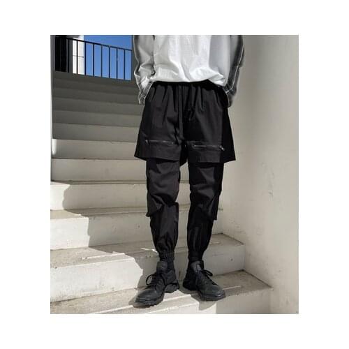 Spring new dark South Korean version of mens loose and fake two-piece overalls casual pants hairdresser trend mens chaps