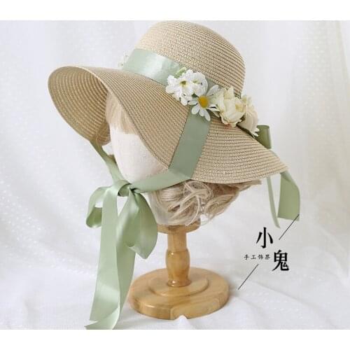 Original Lolita Flower Sun Protection Hat Travel Photos Bow Sun Hat with Wide Brim Lolita Han Yang Eclectic