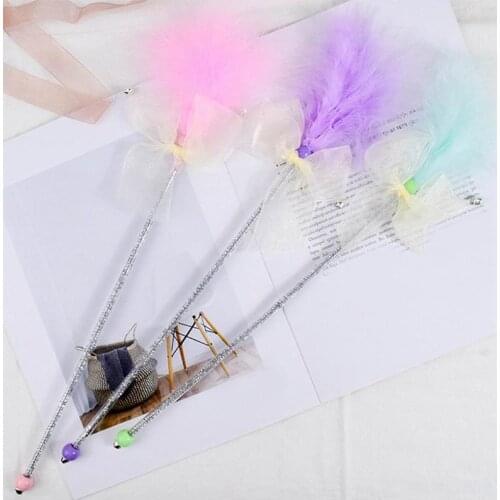 1PC Cat Teaser Wand Faux Feather Bead Handmade Kitten Teasing Stick Cat Interactive Toy With Bell Pet Training Toy Pet Toy