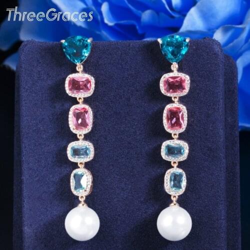 ThreeGraces Elegant Long Pearl Dangle Earrings for Women Geometric Multicolor Cubic Zirconia Wedding Banquet Jewelry Gift ER602
