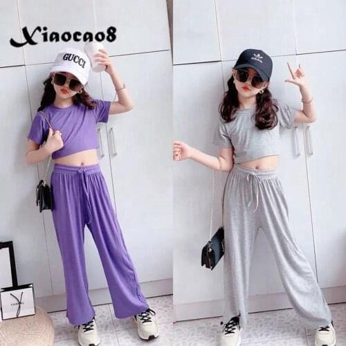 Summer Kids Tracksuit Toddler Teenage Girls Clothes Sets Solid Short Sleeve T Shirt Tops Loose Pants Big Girls Outfits 6 8 10 12