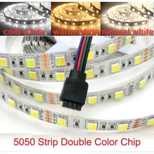 LED strip SMD5050 double color chip,color temperature adjustable White+Warm White Double color,60LEDs/m,5m/roll DC12V,Waterproof
