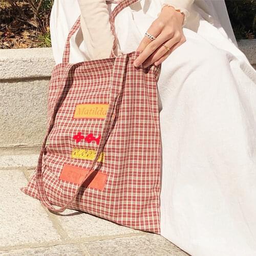 Retro Plaid Women Canvas Shoulder Bag Fashion Ladies Embroidery Cloth Shopping Bags Girls Student Daily Casual Tote Handbags
