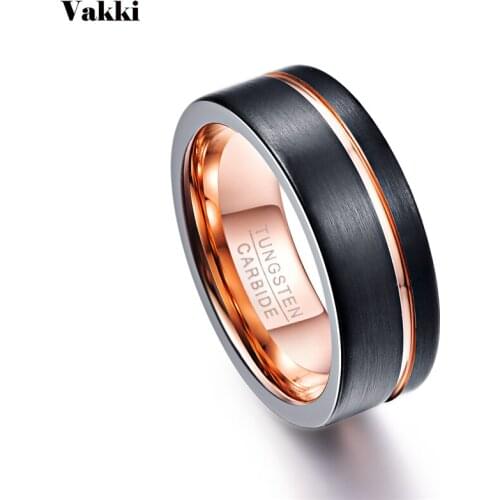 VAKKI Classic Desgin 8mm Wide Black Color Thin Rose Gold Line Men Ring 100% Tungsten Carbide Ring Male Wedding Bands Jewelry