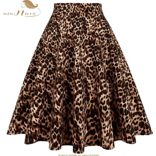 SISHION A Line Large Swing XS-XXL Plus Size Leopard Skirt SS0007 High Waist Cotton Women Ladies Sexy 50s 60s Midi Vintage Skirt