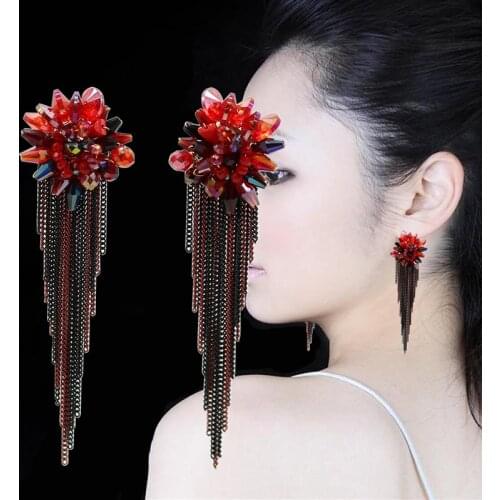 Luxury Crystal Beaded Handmade Statement Dangle Long Chain Tassel Earrings For Women Red blue colorful Wedding Boho Jewelry