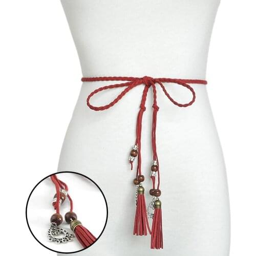 Women Braided Beads Tassels Thin Skinny Waist Rope Belt Self-Tie Dress Waistband