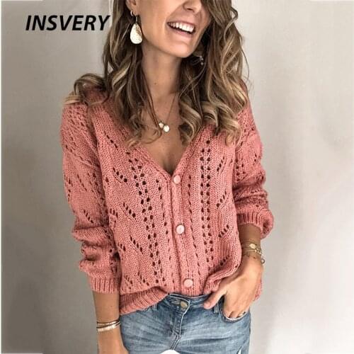 Women V Neck Sweaters Solid Hollow Out Long Sleeve Button Knitted Cardigan Sweater Women Elegant Outwear Autumn Top 2021