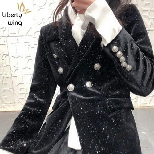 High Quality Full Body Little Stars Sequin Women Slim Fit Velvet Blazer Double Breasted Shawl Collar Ladies Party Coats Wear