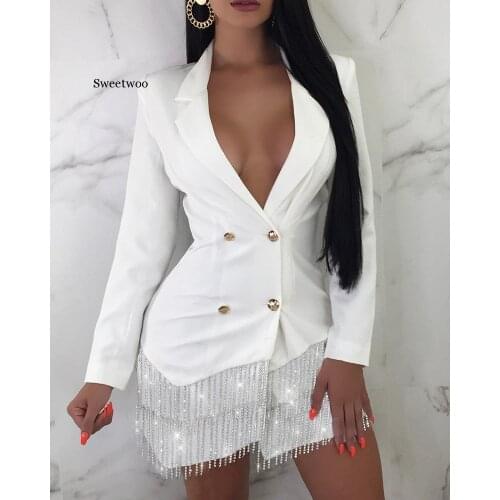 Women Shiny Glitter Tassel Double Breasted Blazer Dress