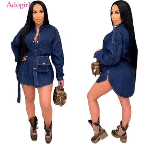 Adogirl Women Pocket Jeans Dress with Belt Turn Down Collar Long Sleeve Sexy Mini Denim Vestidos