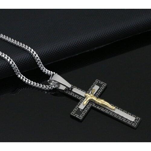 Woman Catholic Eternal Jesus Cross Necklace Stainless Steel Black-Gold Cross Pendent Charm Necklace Chain Link Men Jewelry Gift