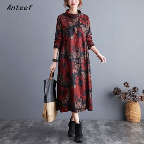 Long sleeve plus size cotton wool vintage floral dresses for women casual loose autumn winter dress elegant clothing 2021