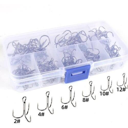 100Pcs/lot 2# 4# 6# 8# 10# 12# Silver Fishing Hook High Carbon Steel Treble Overturned Hooks Fishing Tackle Round Bend Treble