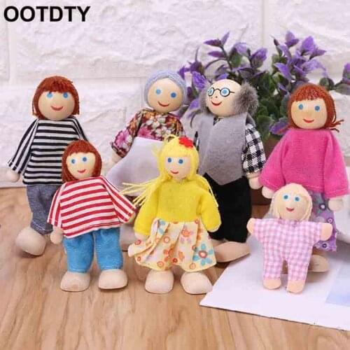 7pcs/set Happy House Family Dolls Wooden Figures Characters Dressed Kids Girls Lovely Children Pretending Doll Toys