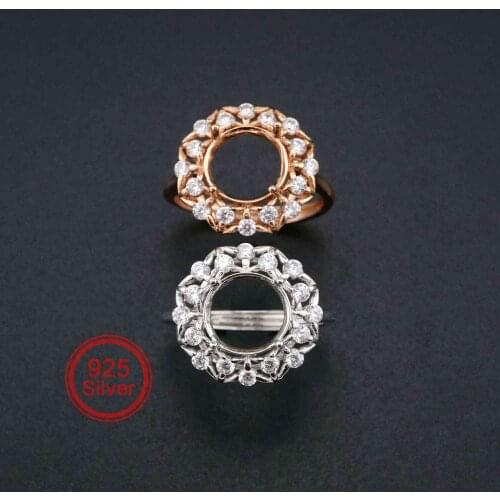 9MM Round Bezel Flower Rose Gold Plated Solid 925 Sterling Silver DIY Adjustable Prong Ring Settings Blank for Gemstone 1210060