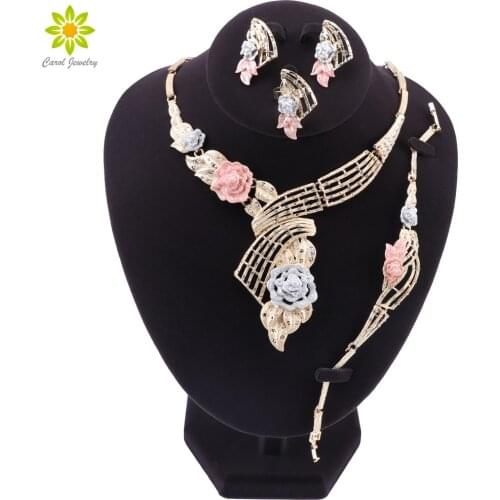 African Fashion Jewelry Sets for Women Flower Shape Necklace Bracelet Earrings Ring Dubai Elegant Bridal Wedding Jewelry