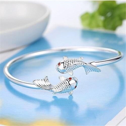 925 sterling silver carp leaping dragon door small fish pisces open cuff bracelet womens wedding jewelry gift
