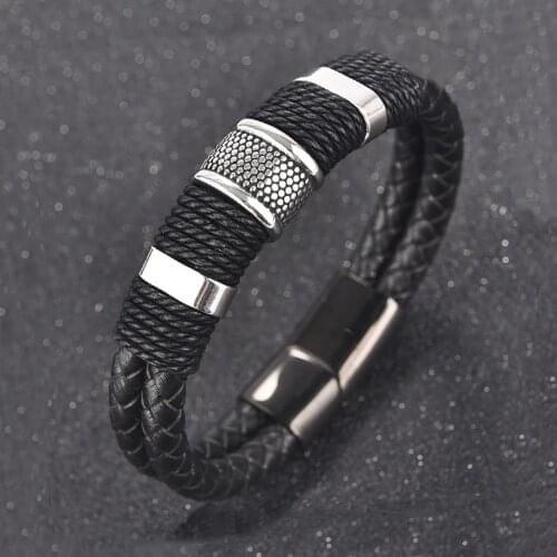 Men Braided Leather Bracelet Stainless Steel Magnetic Clasp Woven Bangles Charm Wristband Black Brown Punk Jewelry Accessories