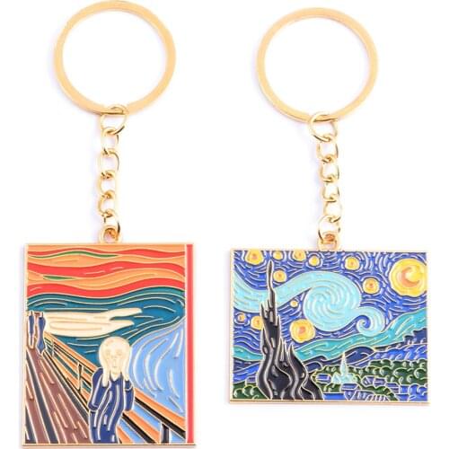 Van Gogh Oil Painting Keychain The Starry Night Art Picture Metal Key Chain for Women Men Key Holder Jewelry Accessories