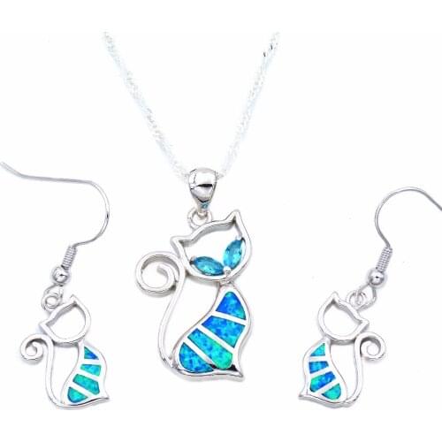 Ocean Blue Opal Cat Jewelry Set with Pendant Necklace and Earrings