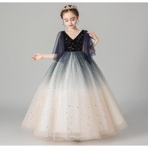 Children Girls V-Collar Birthday Evening Party Princess Ball Gown Fluffy Dress Flower Kids Girls Wedding Long Dress Vestido K274