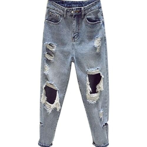 Spring/Summer 2021 new Korean version of high-waisted Harun hole jeans female beggar bf wind loose show thin dad pants