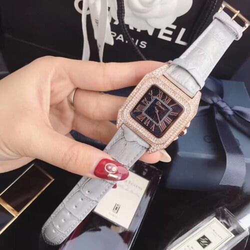 Elegant Women Roman Number Quartz Wrist watch Vintage Real Leather Fashion Watches Sparkly Crystals Wrist watch Square Montre