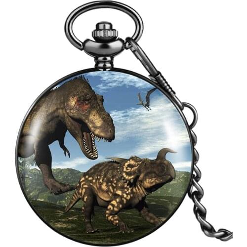 Flip Quartz Pocket Watch Two Dinosaurs Man Classic White Digital Dial Girl Thick Chain Practical Alloy Case Pocket Watch Pendant