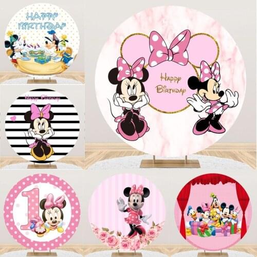 Disney Minnie Mickey Mouse Theme Party Baby Shower Kids Girls Birthday Backdrop Polyester Custom Round Photography Background