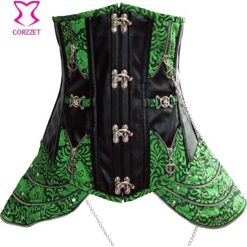 Green Brocade&Leather Bustier Sexy Steampunk Corsets And Bustiers Steel Boned Waist Trainer Underbust Corset Plus Size Korsett